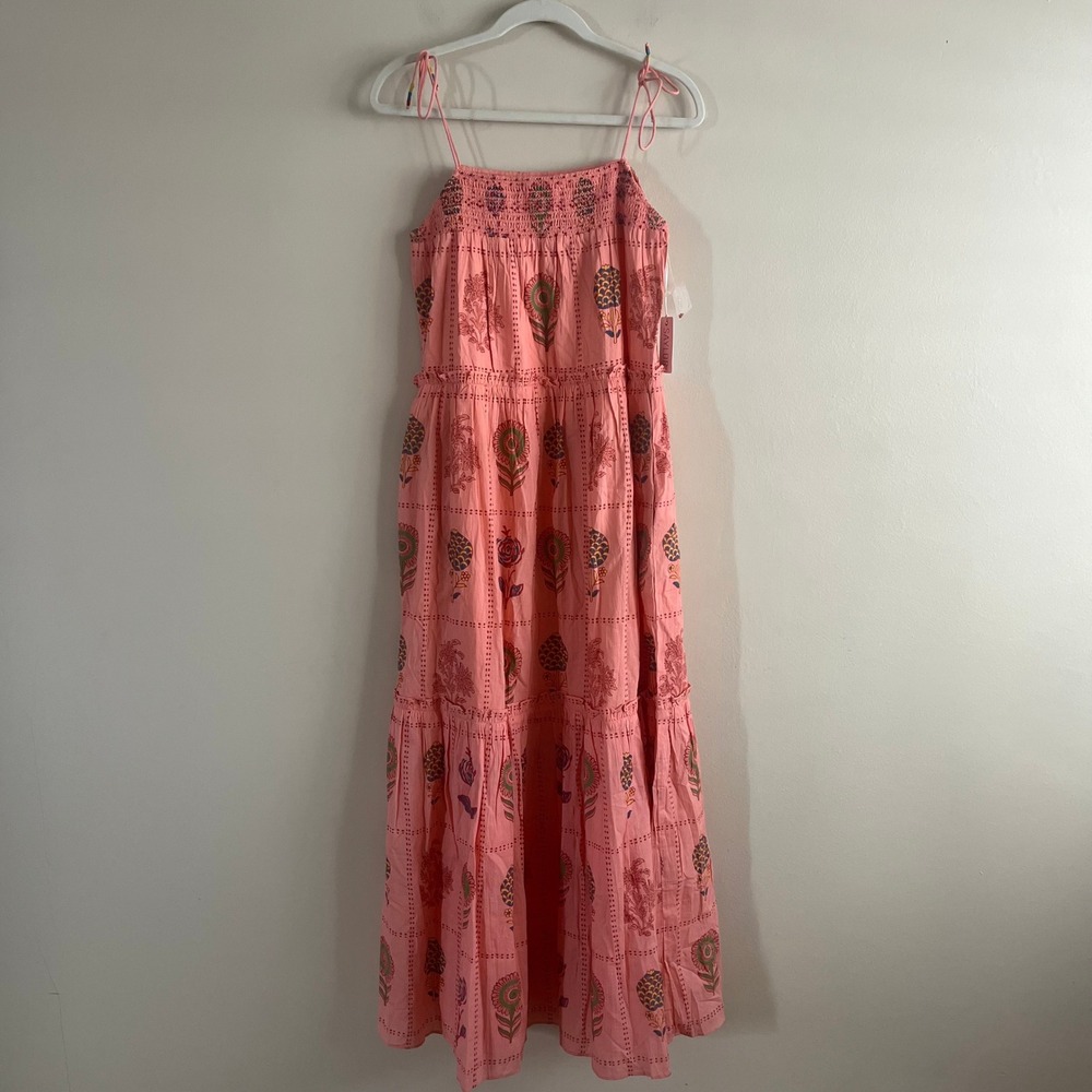 Saylor NWT Pink Block Print Floral Beaded Smocked Tiered Maxi Dress XS